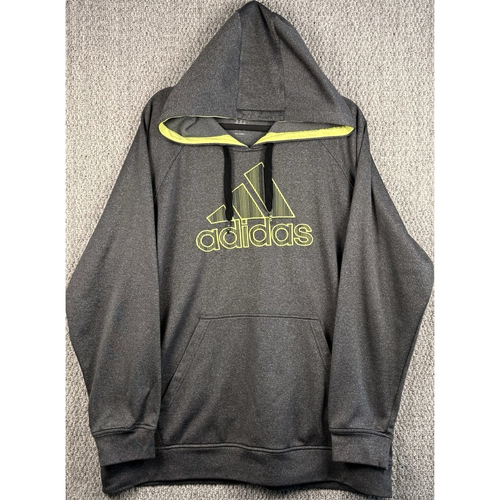Adidas Big Logo Pullover Hoodie 2XL Gray Neon Green Athletic Sweatshirt
